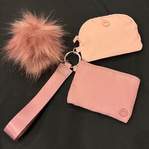 Dual Pouch Wristlets with Faux Fur Pom Keychains